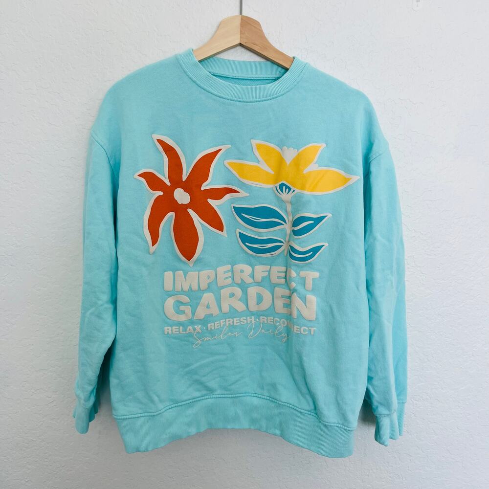 Zara Kids 13/14 'Imperfect Garden' Floral Graphic Sweatshirt Blue